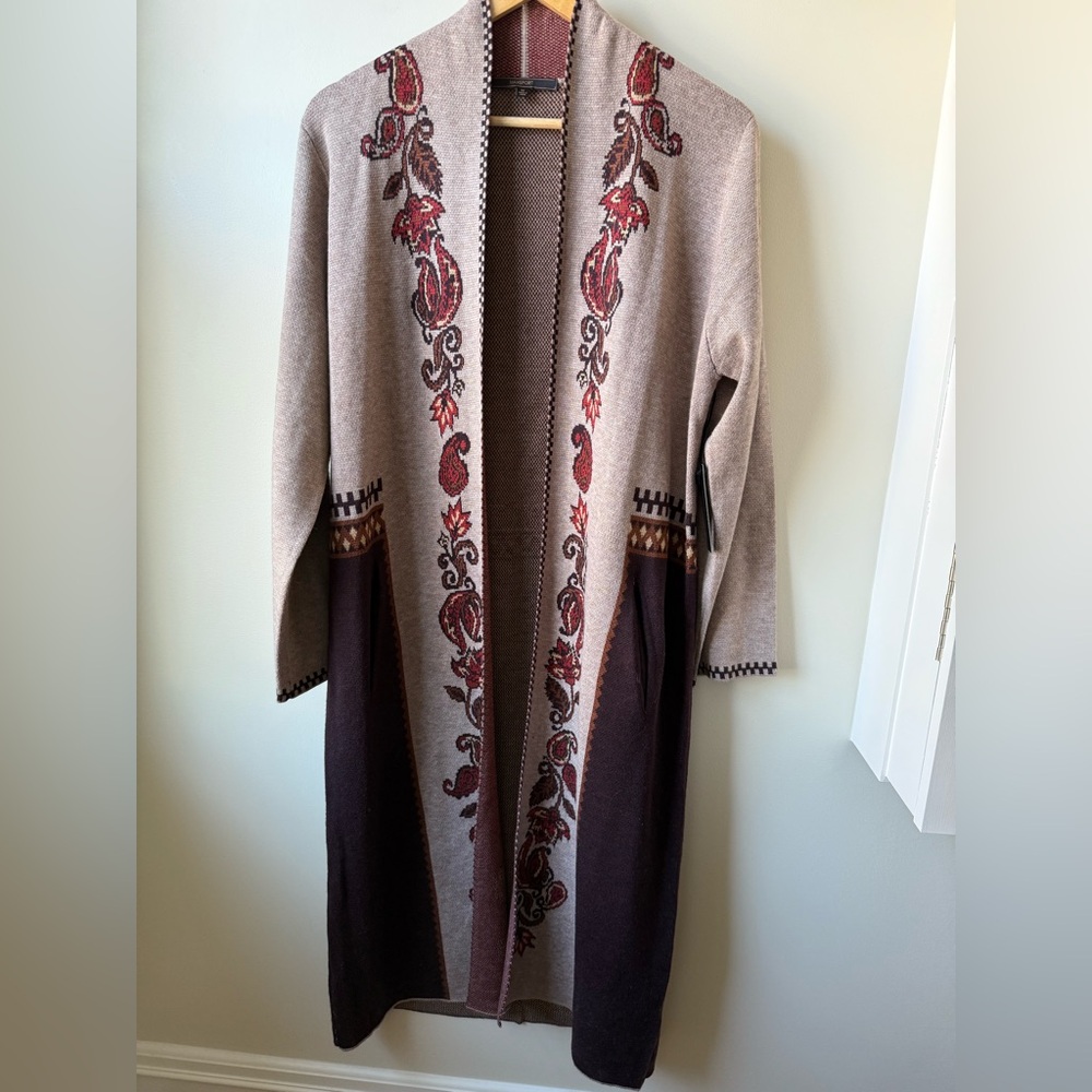 NWT MAXSPORT Paisley‎ Open Front Longline Cardigan Sweater Boho Floral Cozy M